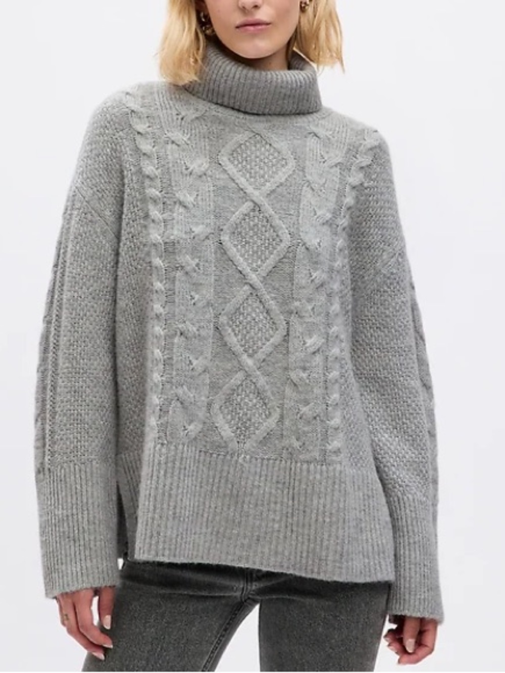 GAP 24/7 Split-Hem Cable-Knit Sweater | Light Heather Gray | Size Large